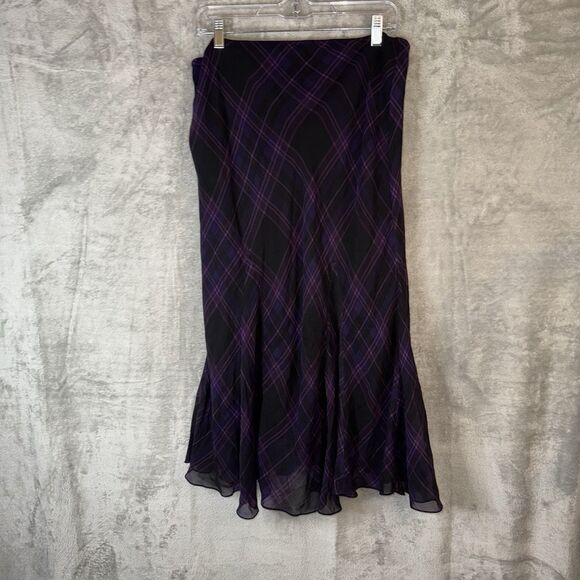 Lauren Ralph Lauren Silk Plaid Midi Skirt Sz 12 Purple Black Gothic Academia - Picture 6 of 10
